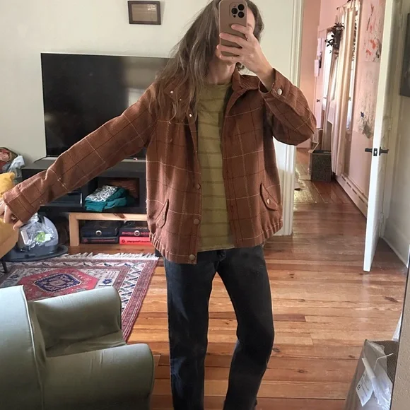 Vintage Funnel Neck Cropped Brown Plaid Jacket Coat - Picture 5 of 10